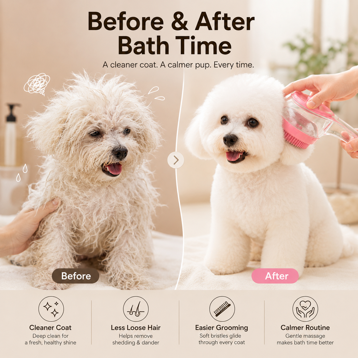 🛁🐶🐱 Pet Shower Scrubber Brush 🧼 Integrated Shampoo Storage Design ✅ Soft Silicone Massage Grooming Tool | Ergonomic Comfort Grip, Deep Clean Loose Hair & Dirt, Convenient Pet Bathing Accessory 🎁-ZYY