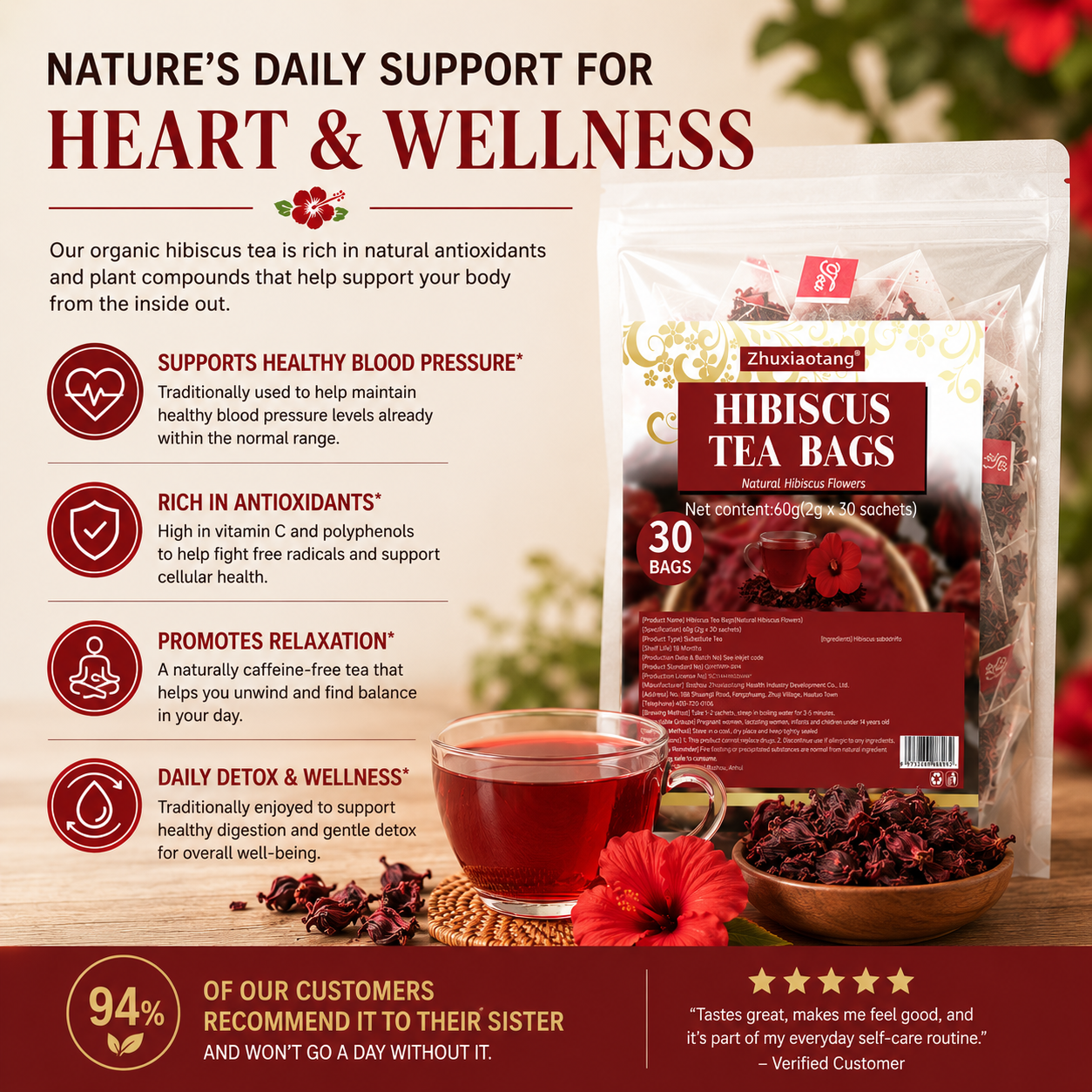 🌺✨ Premium Hibiscus Sabdariffa Herbal Tea 🍵❤️ – Boost Blood Health & Promote Circulation Naturally 🌿💖 🌸 Supports Heart & Vessel Wellness | 💧 Energizing Daily Ritual for Men & Women 🏃‍♀️💪-ZZ
