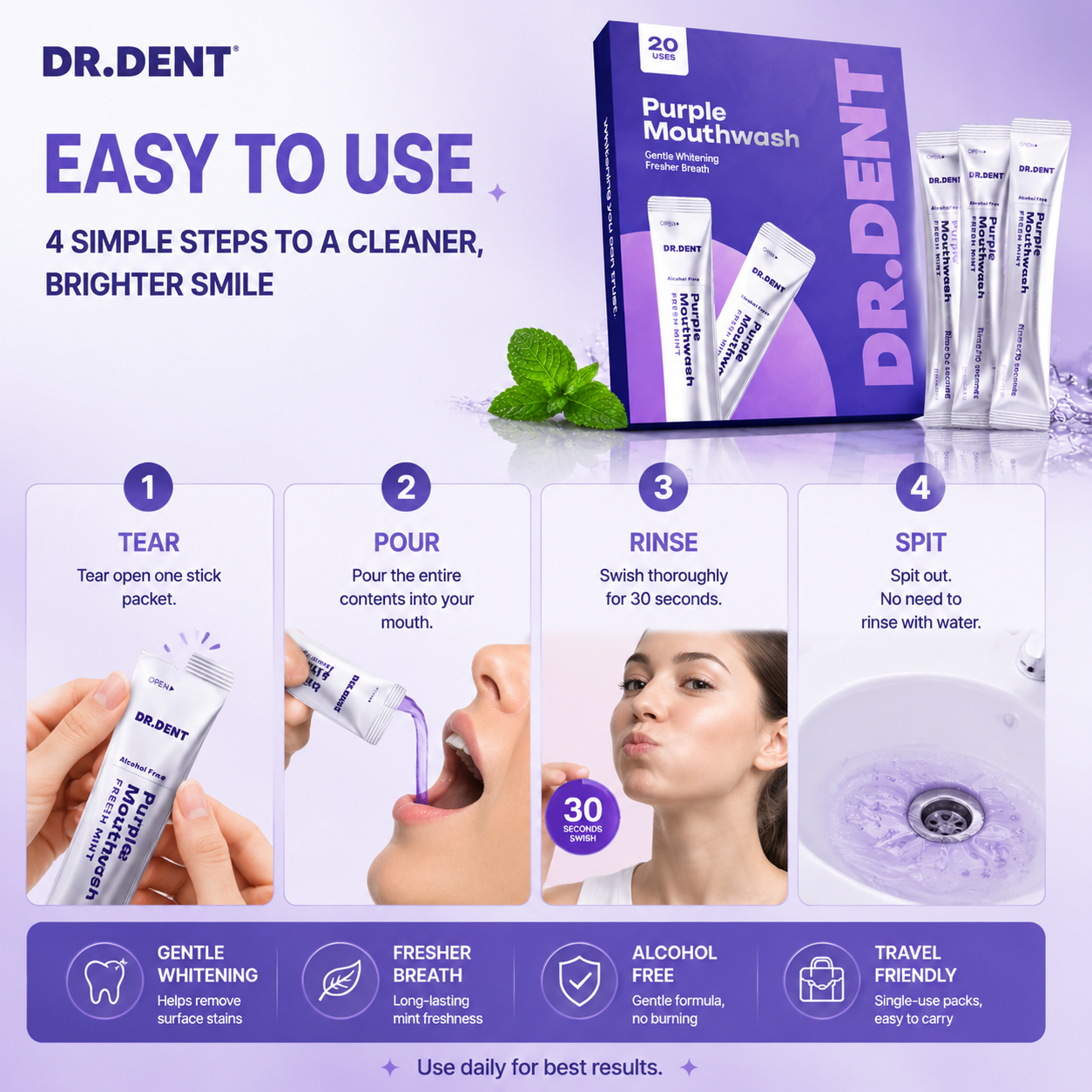 🌟 Purple Mouthwash – Gentle Whitening & Fresh Breath Anytime 💜🦷 Minty, Alcohol-Free, Travel-Friendly Stick Packs ✨-DG1
