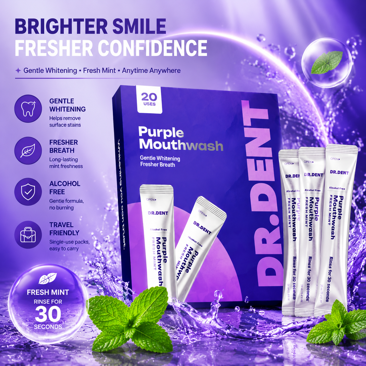 🌟 Purple Mouthwash – Gentle Whitening & Fresh Breath Anytime 💜🦷 Minty, Alcohol-Free, Travel-Friendly Stick Packs ✨-DG1