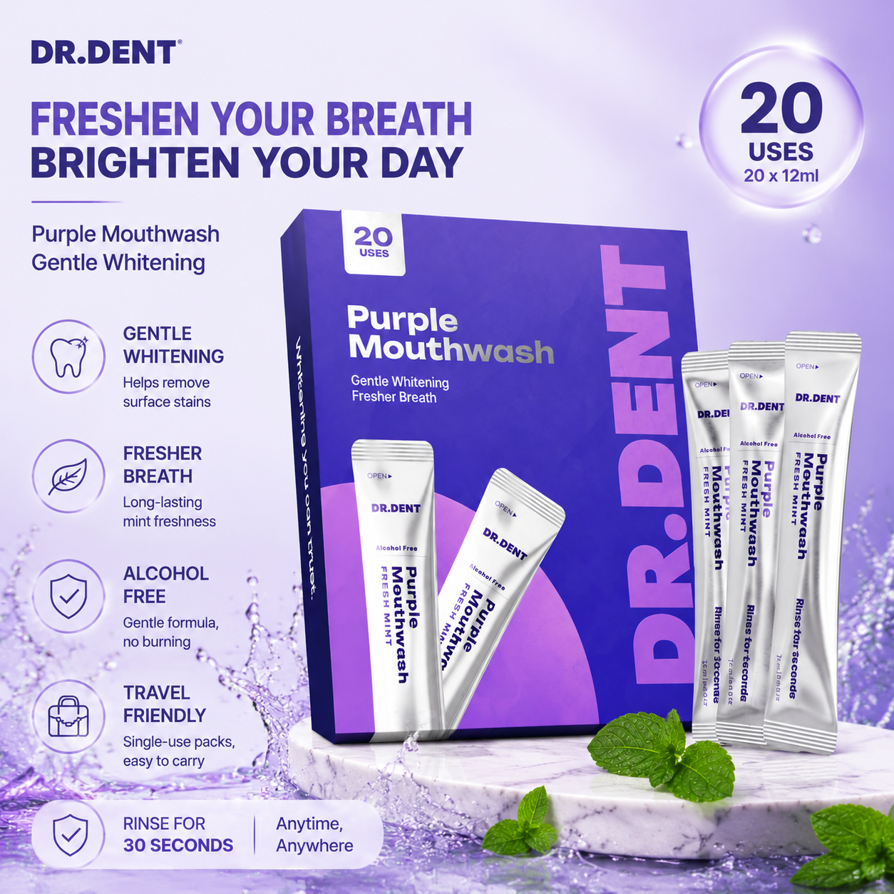 🌟 Purple Mouthwash – Gentle Whitening & Fresh Breath Anytime 💜🦷 Minty, Alcohol-Free, Travel-Friendly Stick Packs ✨-DG1