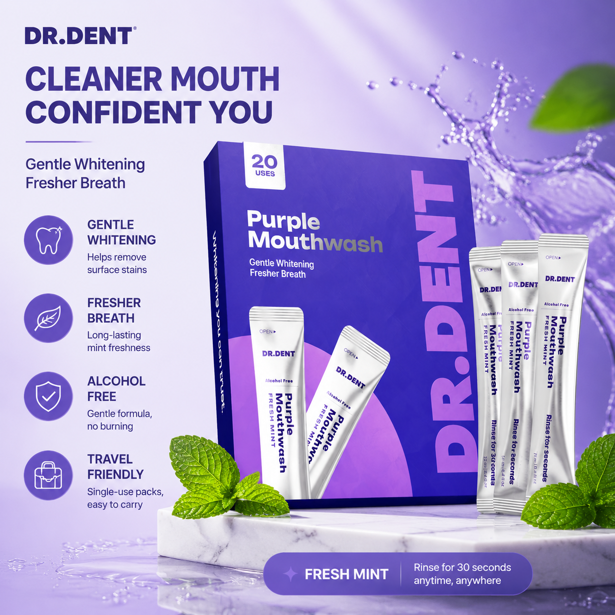 🌟 Purple Mouthwash – Gentle Whitening & Fresh Breath Anytime 💜🦷 Minty, Alcohol-Free, Travel-Friendly Stick Packs ✨-DG1