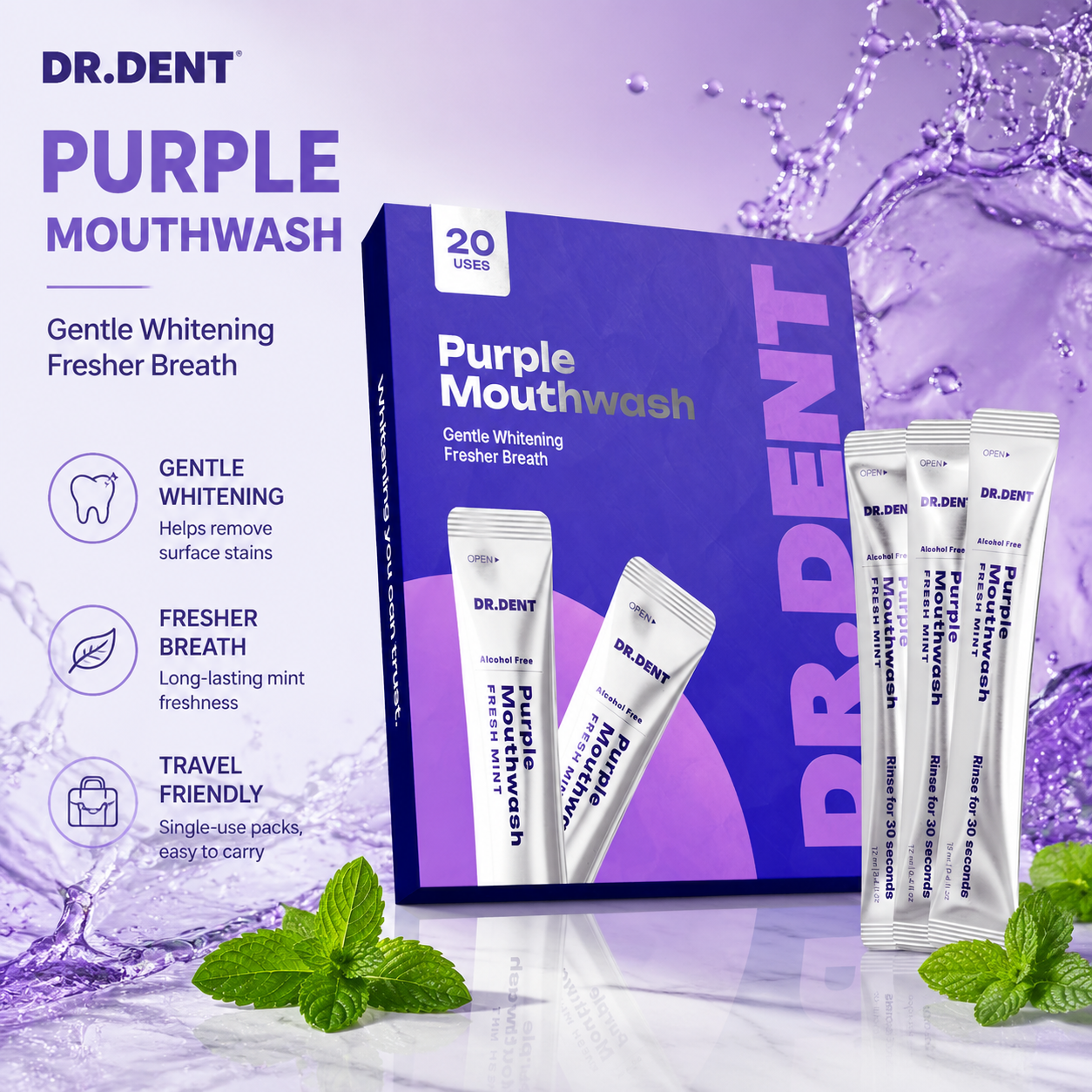 🌟 Purple Mouthwash – Gentle Whitening & Fresh Breath Anytime 💜🦷 Minty, Alcohol-Free, Travel-Friendly Stick Packs ✨-DG1