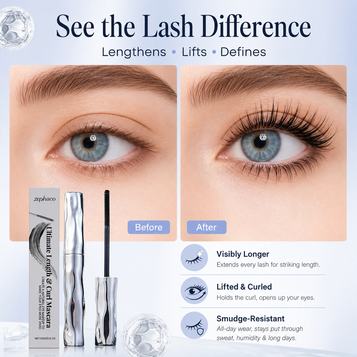 ✨Lengthening & Curling Mascara 💖 Features a special steel spiral brush head, long-lasting 24H wear & waterproof formula, keeps lashes curled all day, smudge-proof, clump-free, naturally lengthens and lifts every lash 👁️💦-ZYY