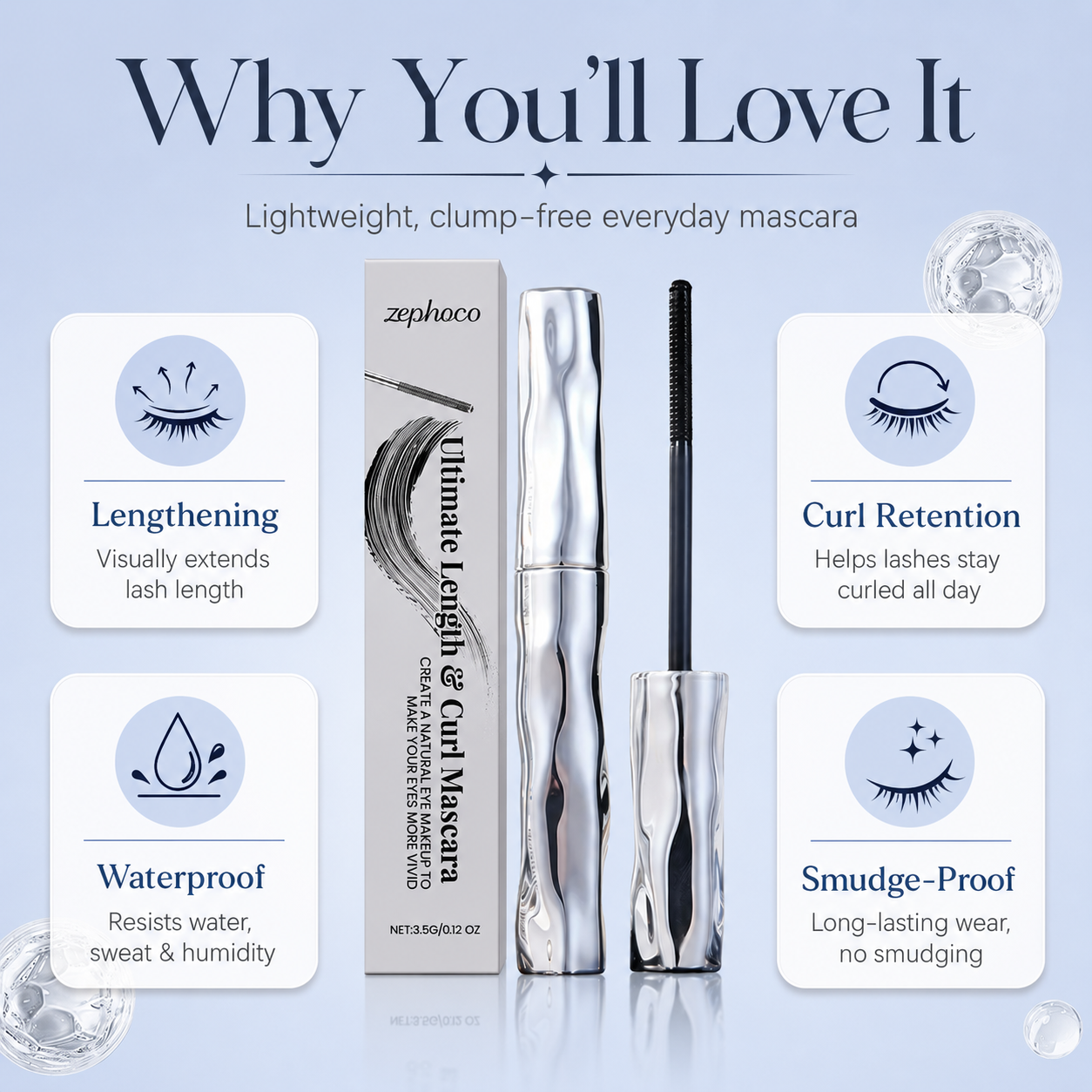 ✨Lengthening & Curling Mascara 💖 Features a special steel spiral brush head, long-lasting 24H wear & waterproof formula, keeps lashes curled all day, smudge-proof, clump-free, naturally lengthens and lifts every lash 👁️💦-ZYY