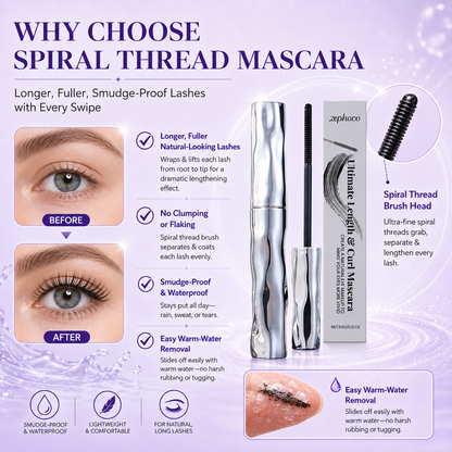 ✨Lengthening & Curling Mascara 💖 Features a special steel spiral brush head, long-lasting 24H wear & waterproof formula, keeps lashes curled all day, smudge-proof, clump-free, naturally lengthens and lifts every lash 👁️💦-ZYY