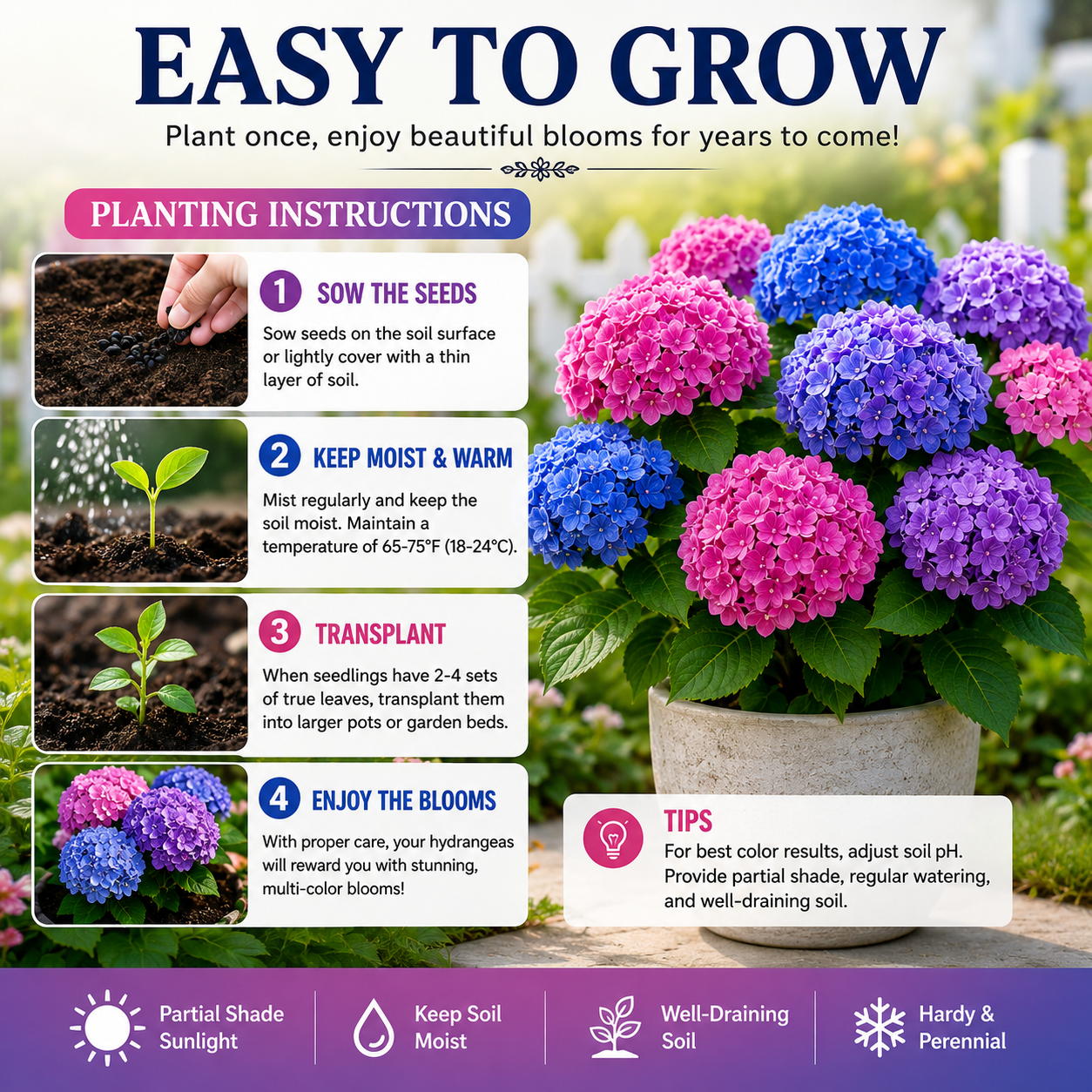 🌸✨ Blue Pink Purple Hydrangea Seeds 🌿🌈 Grow Stunning Multi-Color Blooms That Transform Any Garden 💙💖💜-ZZ