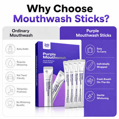✨Purple Whitening Mouthwash Sticks 💜 Alcohol-Free Fresh Mint Travel Pack, Gentle Teeth Brightening Rinse, Instant Bad Breath Removal, 20 Count Individually Wrapped Mouthwash for Daily Use-ZZ