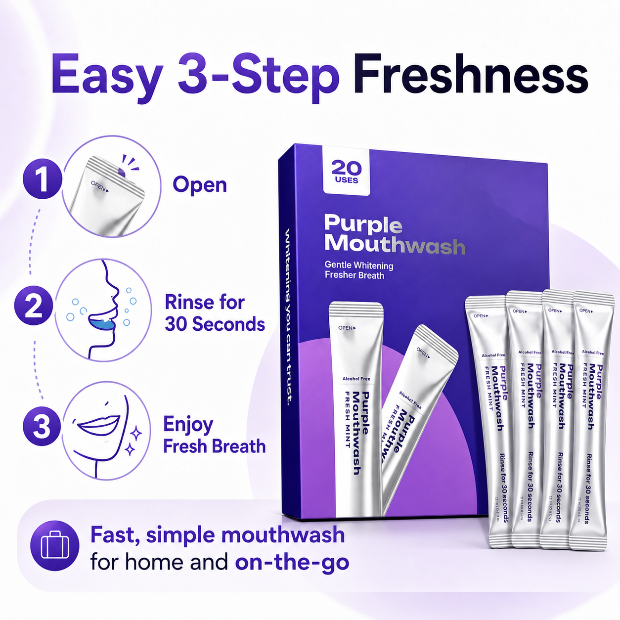 ✨Purple Whitening Mouthwash Sticks 💜 Alcohol-Free Fresh Mint Travel Pack, Gentle Teeth Brightening Rinse, Instant Bad Breath Removal, 20 Count Individually Wrapped Mouthwash for Daily Use-ZZ
