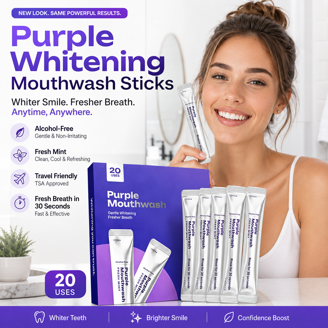 ✨Purple Whitening Mouthwash Sticks 💜 Alcohol-Free Fresh Mint Travel Pack, Gentle Teeth Brightening Rinse, Instant Bad Breath Removal, 20 Count Individually Wrapped Mouthwash for Daily Use-ZZ