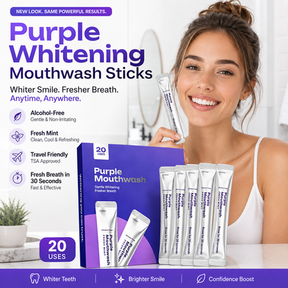 ✨Purple Whitening Mouthwash Sticks 💜 Alcohol-Free Fresh Mint Travel Pack, Gentle Teeth Brightening Rinse, Instant Bad Breath Removal, 20 Count Individually Wrapped Mouthwash for Daily Use-ZZ