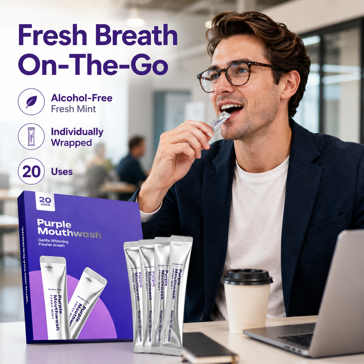 ✨Purple Whitening Mouthwash Sticks 💜 Alcohol-Free Fresh Mint Travel Pack, Gentle Teeth Brightening Rinse, Instant Bad Breath Removal, 20 Count Individually Wrapped Mouthwash for Daily Use-ZZ