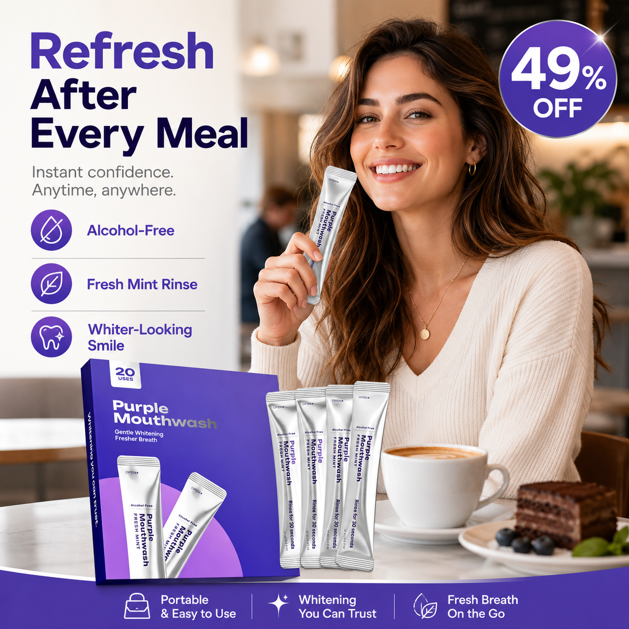 ✨Purple Whitening Mouthwash Sticks 💜 Alcohol-Free Fresh Mint Travel Pack, Gentle Teeth Brightening Rinse, Instant Bad Breath Removal, 20 Count Individually Wrapped Mouthwash for Daily Use-ZZ