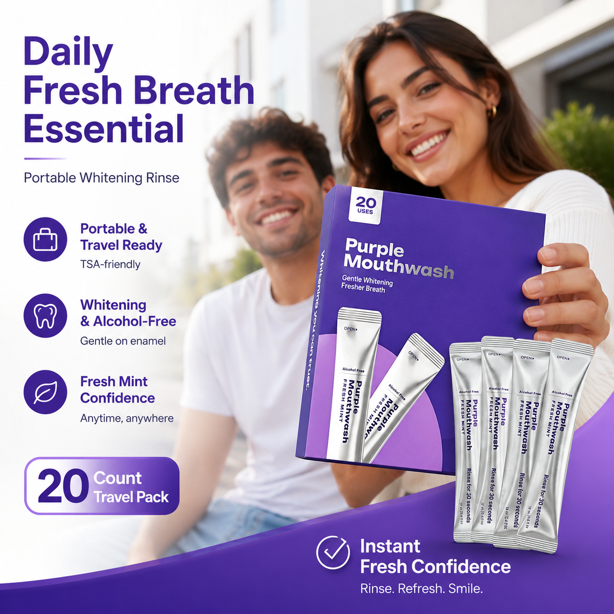 ✨Purple Whitening Mouthwash Sticks 💜 Alcohol-Free Fresh Mint Travel Pack, Gentle Teeth Brightening Rinse, Instant Bad Breath Removal, 20 Count Individually Wrapped Mouthwash for Daily Use-ZZ
