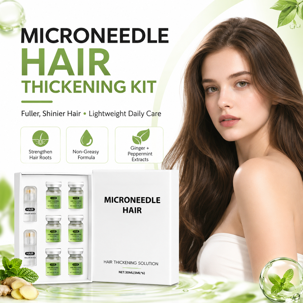💚Microneedle Hair Thickening Kit 🧴Scalp Roller Serum Set, Strengthen Hair Roots, Light Non-Greasy Formula, Daily Hair Care for Fuller, Shinier Hair with Ginger & Peppermint Extracts✨-ZYY