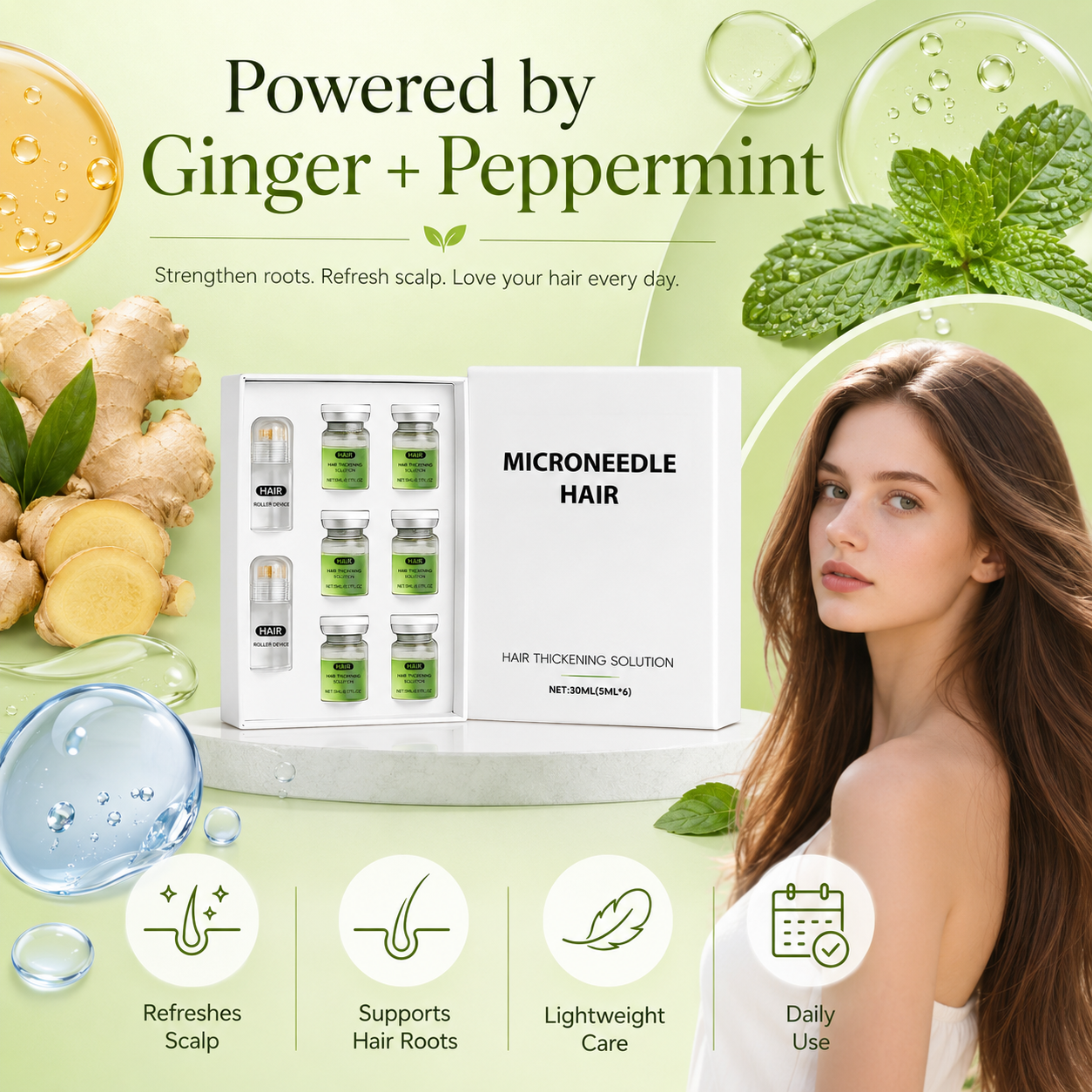 💚Microneedle Hair Thickening Kit 🧴Scalp Roller Serum Set, Strengthen Hair Roots, Light Non-Greasy Formula, Daily Hair Care for Fuller, Shinier Hair with Ginger & Peppermint Extracts✨-ZYY