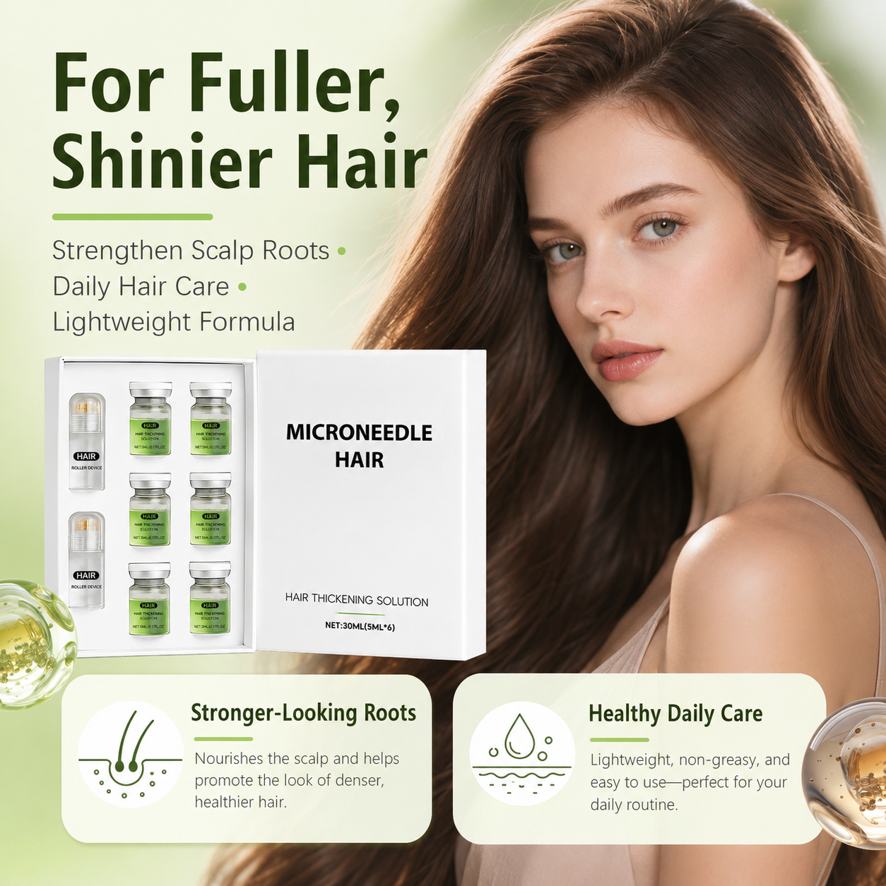 💚Microneedle Hair Thickening Kit 🧴Scalp Roller Serum Set, Strengthen Hair Roots, Light Non-Greasy Formula, Daily Hair Care for Fuller, Shinier Hair with Ginger & Peppermint Extracts✨-ZYY