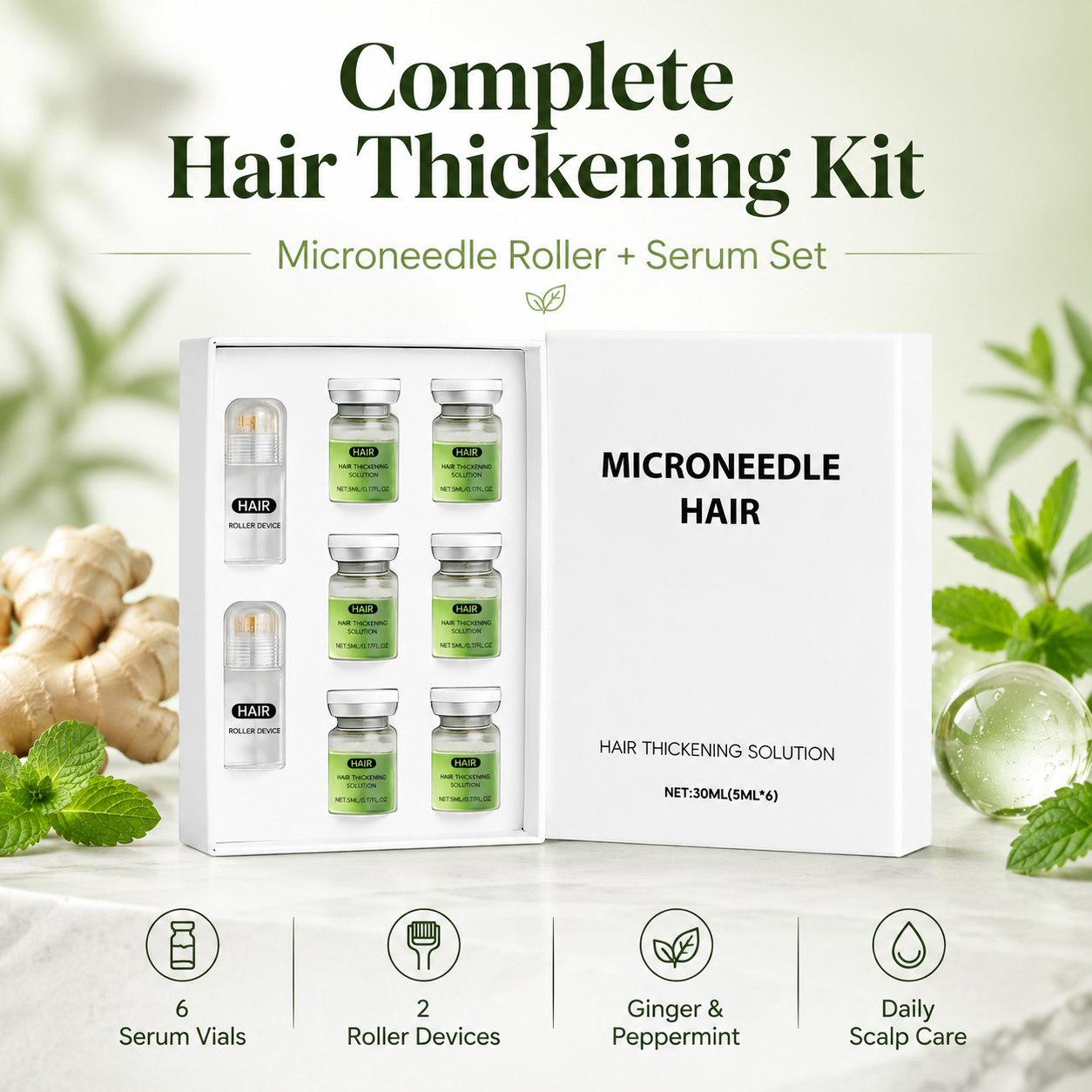 💚Microneedle Hair Thickening Kit 🧴Scalp Roller Serum Set, Strengthen Hair Roots, Light Non-Greasy Formula, Daily Hair Care for Fuller, Shinier Hair with Ginger & Peppermint Extracts✨-ZYY