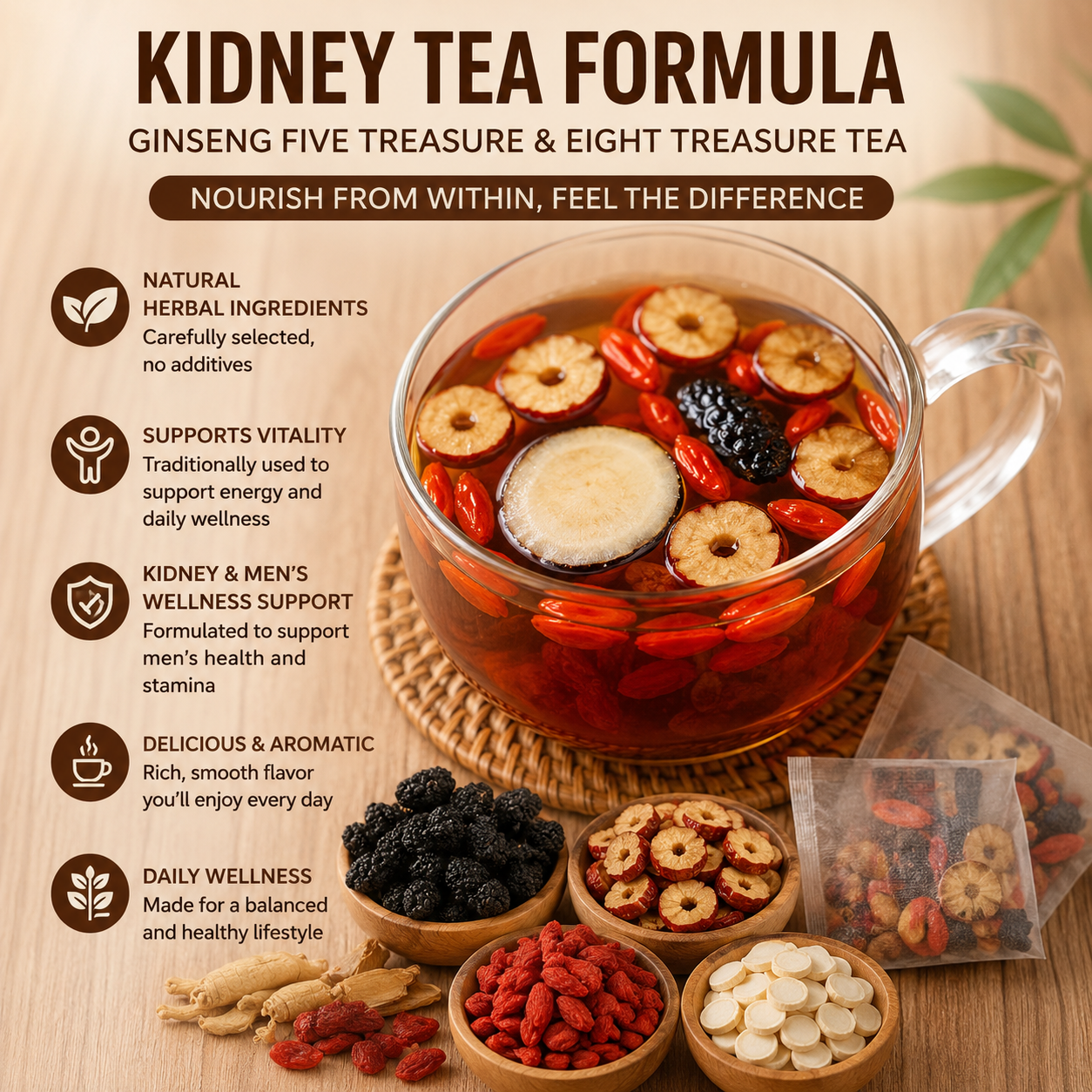 🌿✨ Premium Ginseng & Five Treasure Herbal Tea 🍵💪 Boost Energy, Kidney Health & Vitality Naturally 🌟💚 🌸 Red Dates, Wolfberries & Mulberry Blend | 🍃 Men's Wellness Formula | 💧 Daily Health Support 🏋️‍♂️🍵-ZZ