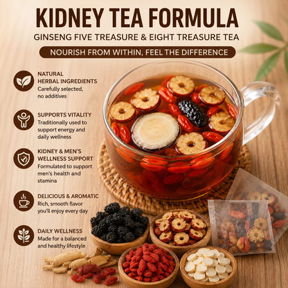 🌿✨ Premium Ginseng & Five Treasure Herbal Tea 🍵💪 Boost Energy, Kidney Health & Vitality Naturally 🌟💚 🌸 Red Dates, Wolfberries & Mulberry Blend | 🍃 Men's Wellness Formula | 💧 Daily Health Support 🏋️‍♂️🍵-ZZ