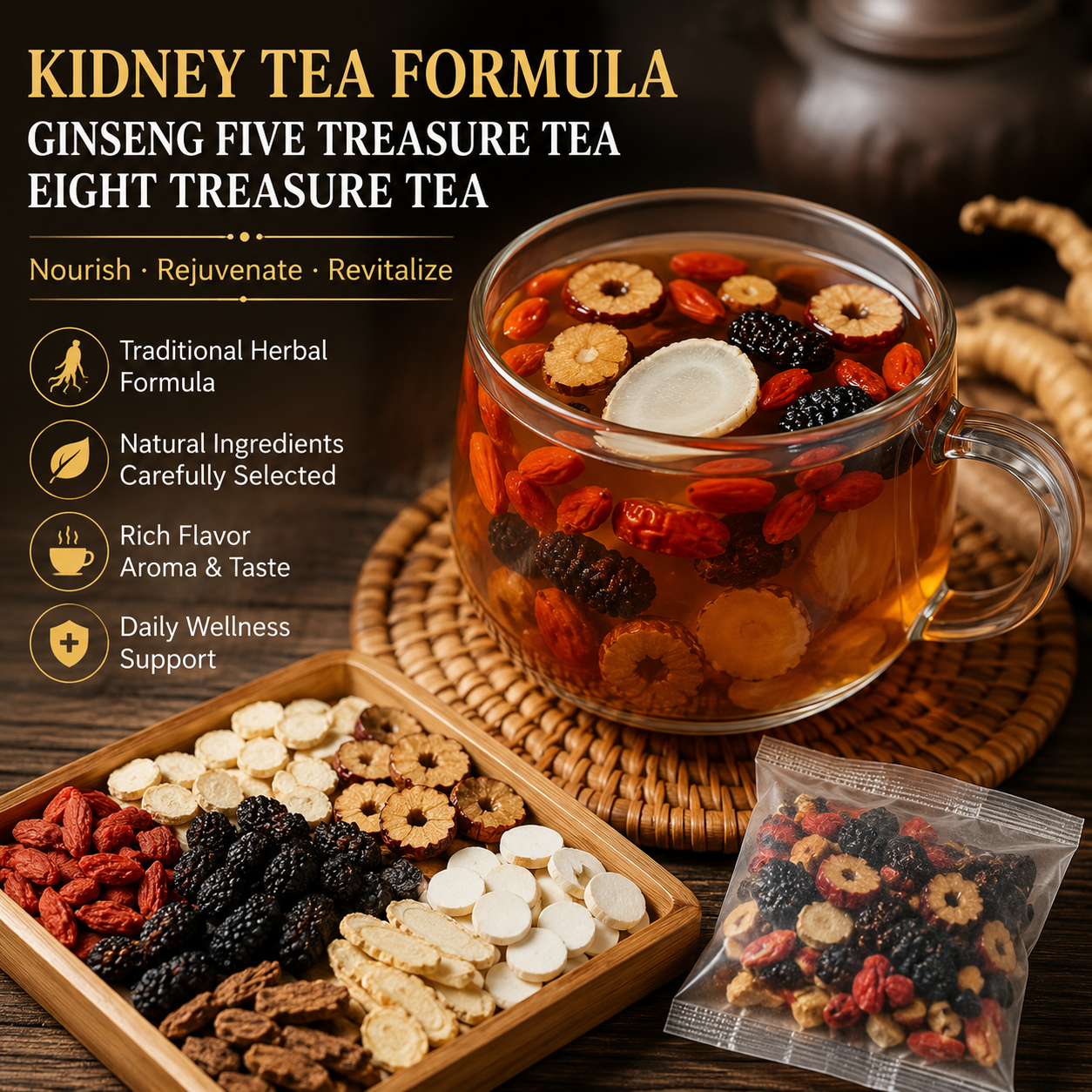 🌿✨ Premium Ginseng & Five Treasure Herbal Tea 🍵💪 Boost Energy, Kidney Health & Vitality Naturally 🌟💚 🌸 Red Dates, Wolfberries & Mulberry Blend | 🍃 Men's Wellness Formula | 💧 Daily Health Support 🏋️‍♂️🍵-ZZ