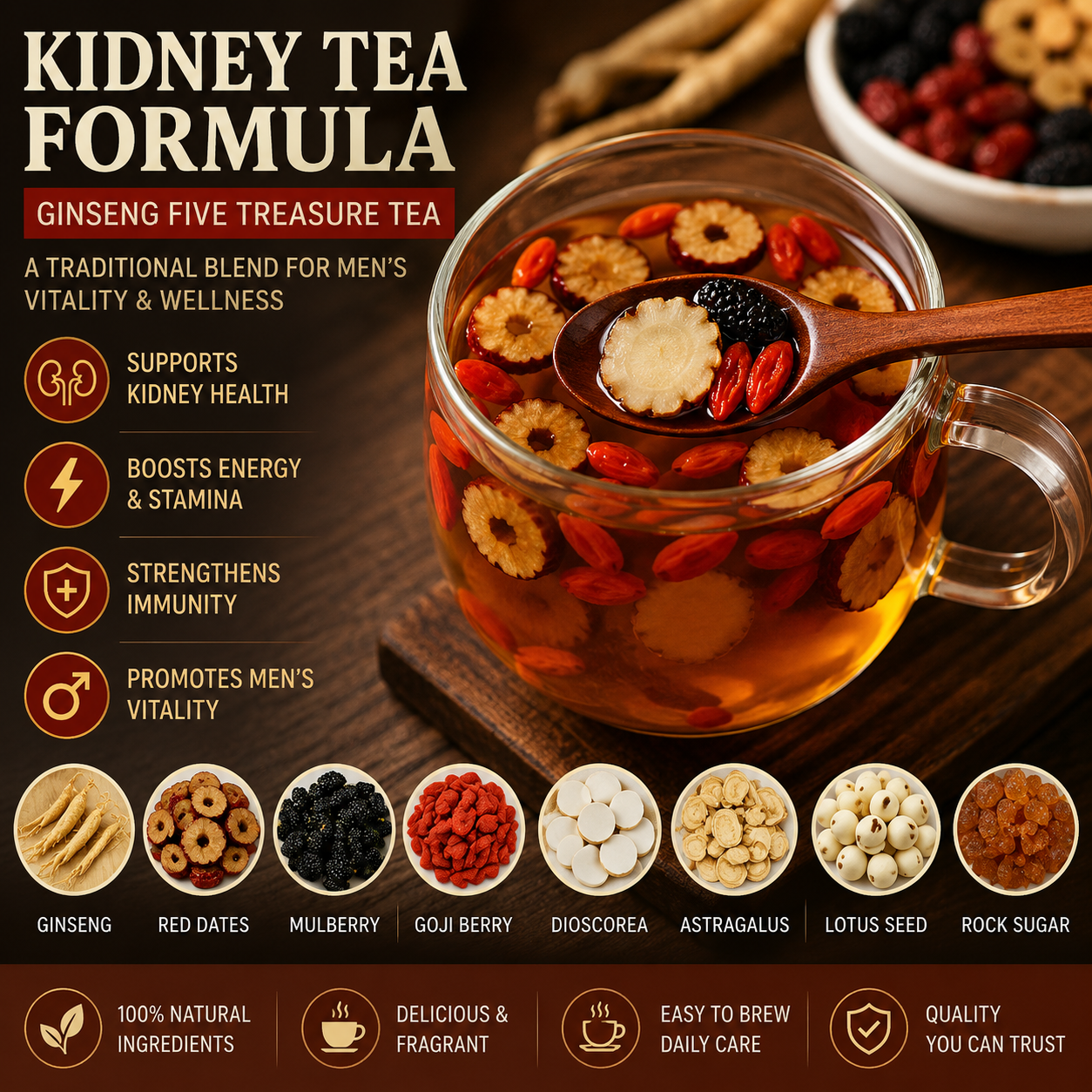 🌿✨ Premium Ginseng & Five Treasure Herbal Tea 🍵💪 Boost Energy, Kidney Health & Vitality Naturally 🌟💚 🌸 Red Dates, Wolfberries & Mulberry Blend | 🍃 Men's Wellness Formula | 💧 Daily Health Support 🏋️‍♂️🍵-ZZ
