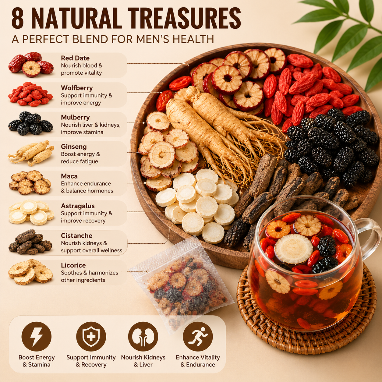 🌿✨ Premium Ginseng & Five Treasure Herbal Tea 🍵💪 Boost Energy, Kidney Health & Vitality Naturally 🌟💚 🌸 Red Dates, Wolfberries & Mulberry Blend | 🍃 Men's Wellness Formula | 💧 Daily Health Support 🏋️‍♂️🍵-ZZ