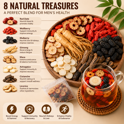 🌿✨ Premium Ginseng & Five Treasure Herbal Tea 🍵💪 Boost Energy, Kidney Health & Vitality Naturally 🌟💚 🌸 Red Dates, Wolfberries & Mulberry Blend | 🍃 Men's Wellness Formula | 💧 Daily Health Support 🏋️‍♂️🍵-ZZ