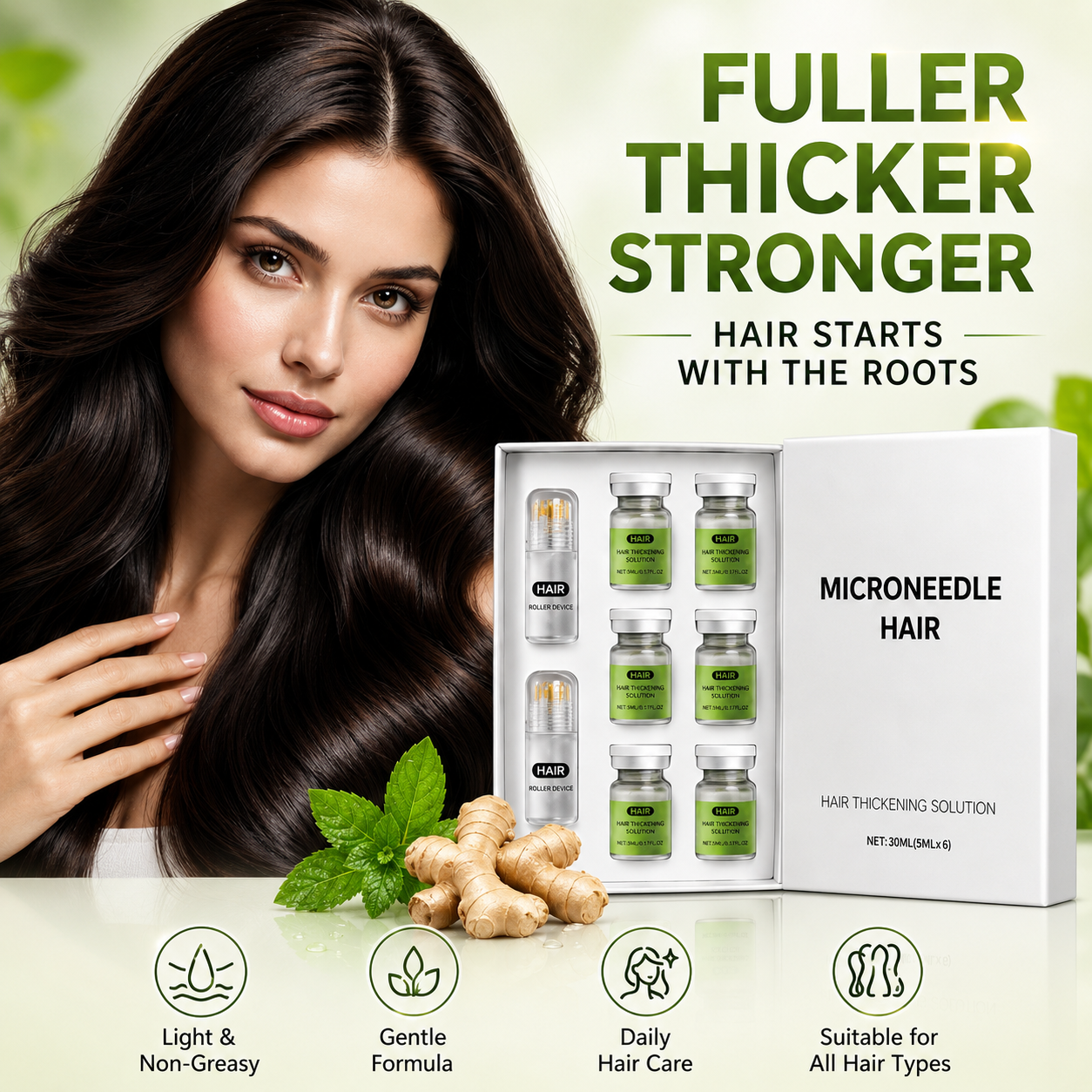 💚Microneedle Hair Thickening Kit 🧴Scalp Roller Serum Set, Strengthen Hair Roots, Light Non-Greasy Formula, Daily Hair Care for Fuller, Shinier Hair with Ginger & Peppermint Extracts✨-ZYY