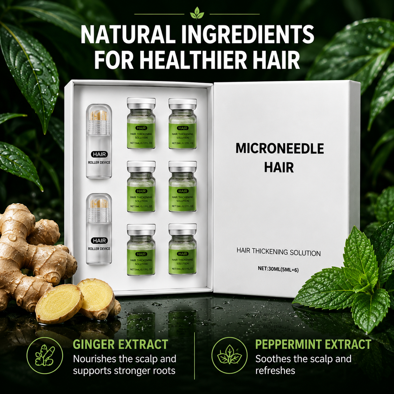 💚Microneedle Hair Thickening Kit 🧴Scalp Roller Serum Set, Strengthen Hair Roots, Light Non-Greasy Formula, Daily Hair Care for Fuller, Shinier Hair with Ginger & Peppermint Extracts✨-ZYY
