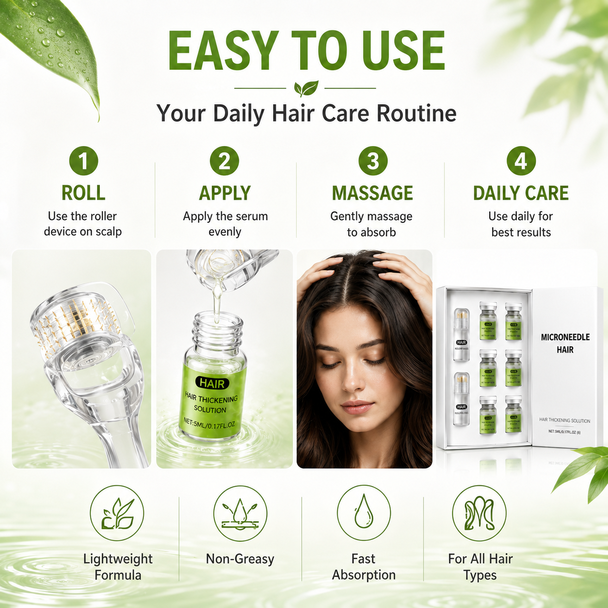 💚Microneedle Hair Thickening Kit 🧴Scalp Roller Serum Set, Strengthen Hair Roots, Light Non-Greasy Formula, Daily Hair Care for Fuller, Shinier Hair with Ginger & Peppermint Extracts✨-ZYY