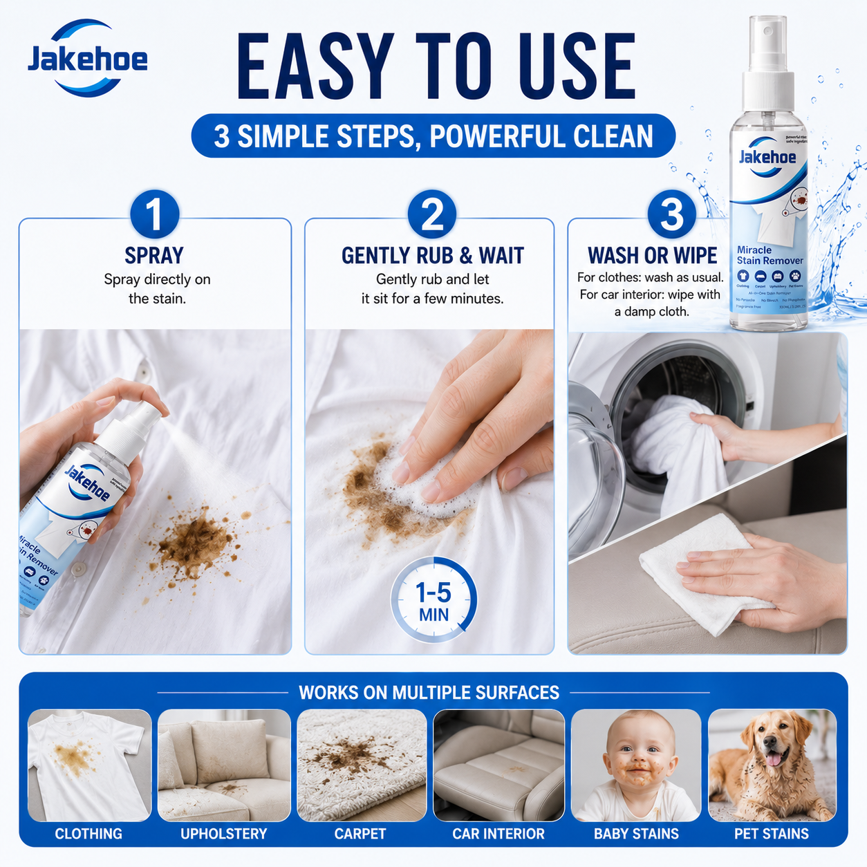 ✨🧴【Jakehoe® Miracle Stain Remover】💙 Powerful Fabric Stain Remover Spray | Fast-Acting • Gentle Formula • Safe on Fabrics • Multi-Surface Cleaning-DG1