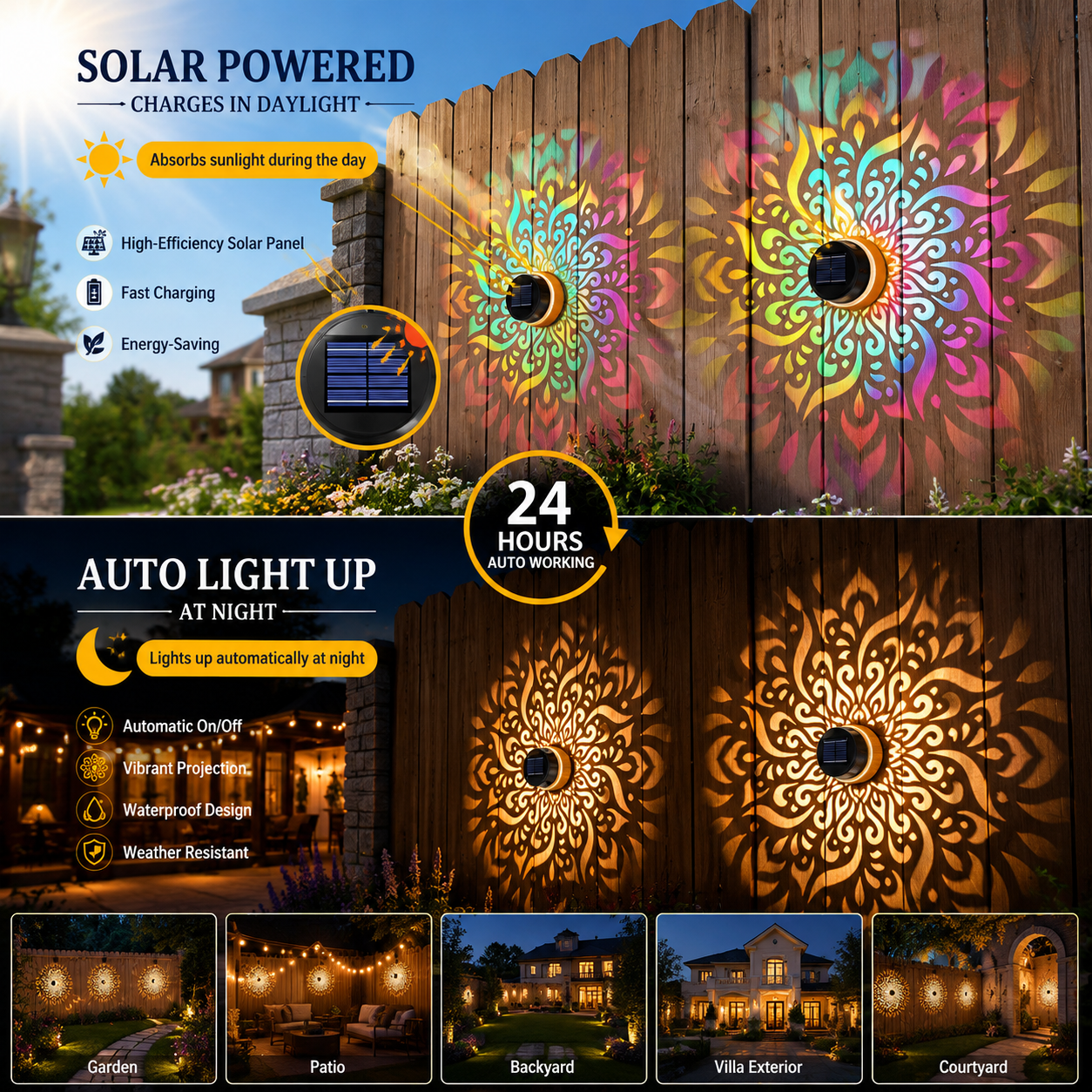 🌟 Solar Mandala Glow Wall Light ☀️ Solar Powered 💧 Waterproof IP65 🛠️ Durable Metal Build 🎨 Stunning Mandala Projection 🏡 Ideal for Garden Patio Backyard Fence Courtyard-WZH