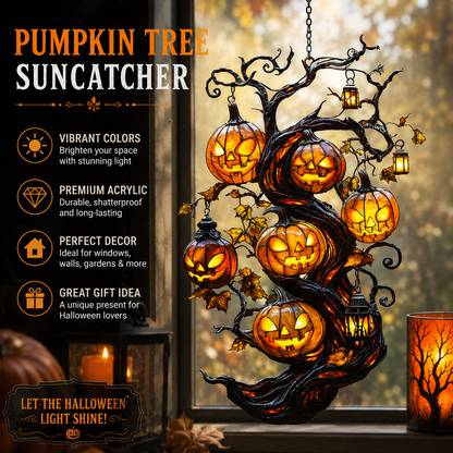 🎃 Turn Your Window Into a Halloween Glow Scene ✨ Pumpkin Tree Suncatcher – Faux Stained Glass Magical Fall Decor-ZZ
