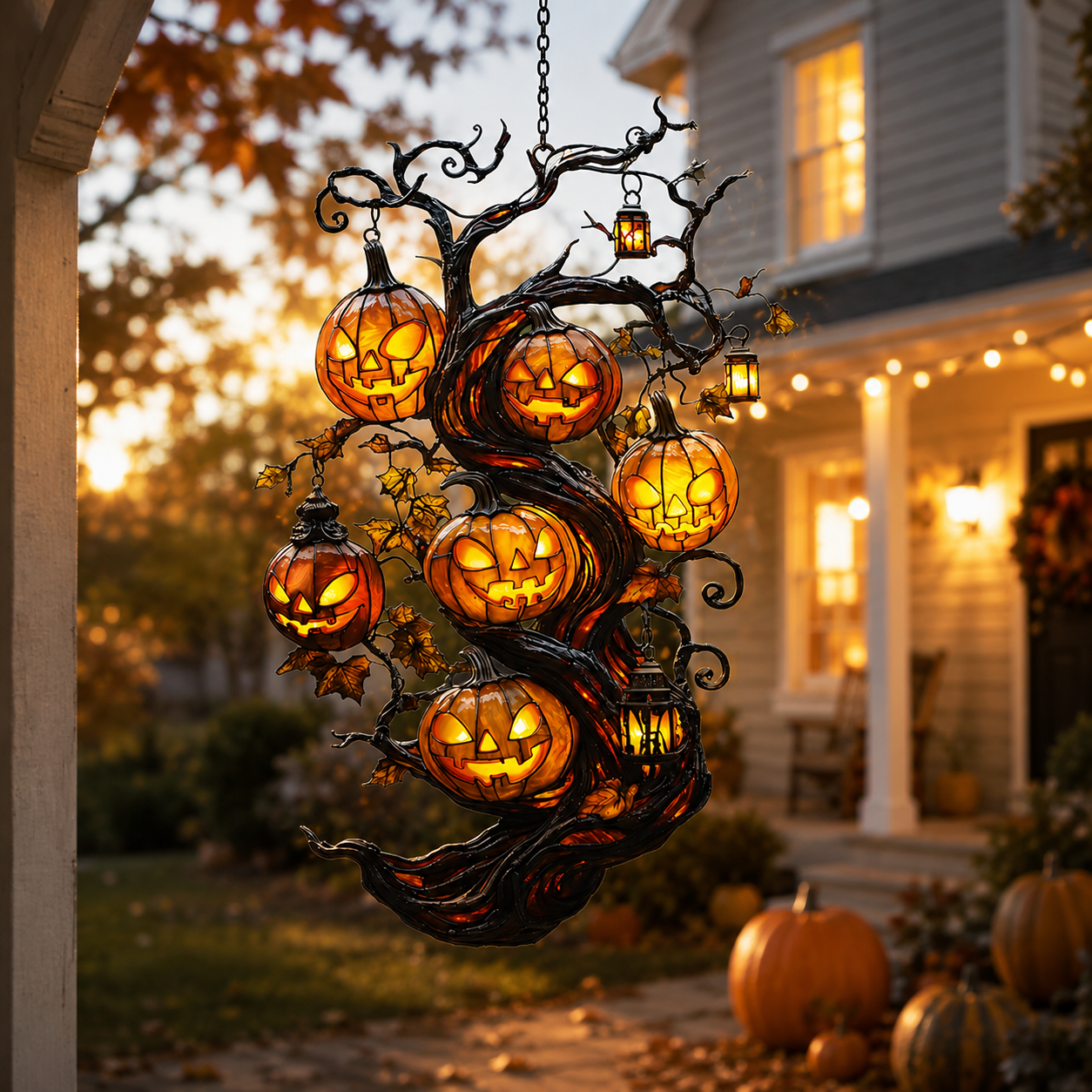 🎃 Turn Your Window Into a Halloween Glow Scene ✨ Pumpkin Tree Suncatcher – Faux Stained Glass Magical Fall Decor-ZZ