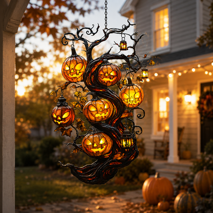 🎃 Turn Your Window Into a Halloween Glow Scene ✨ Pumpkin Tree Suncatcher – Faux Stained Glass Magical Fall Decor-ZZ