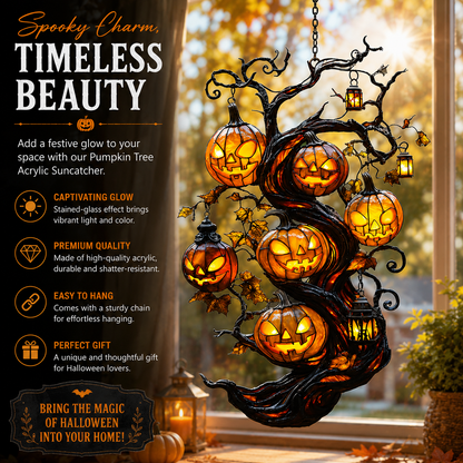🎃 Turn Your Window Into a Halloween Glow Scene ✨ Pumpkin Tree Suncatcher – Faux Stained Glass Magical Fall Decor-ZZ
