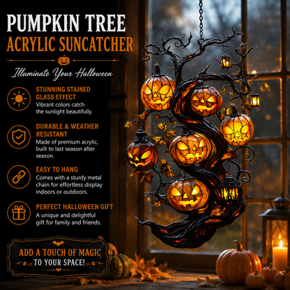 🎃 Turn Your Window Into a Halloween Glow Scene ✨ Pumpkin Tree Suncatcher – Faux Stained Glass Magical Fall Decor-ZZ
