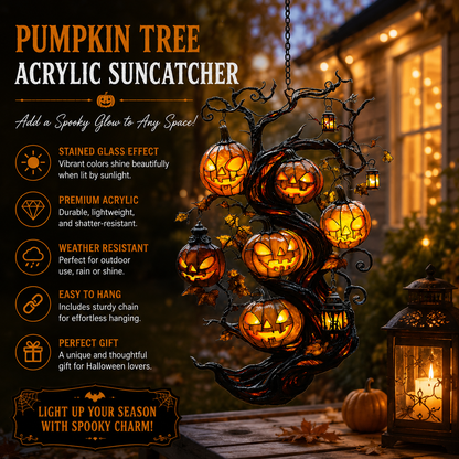 🎃 Turn Your Window Into a Halloween Glow Scene ✨ Pumpkin Tree Suncatcher – Faux Stained Glass Magical Fall Decor-ZZ