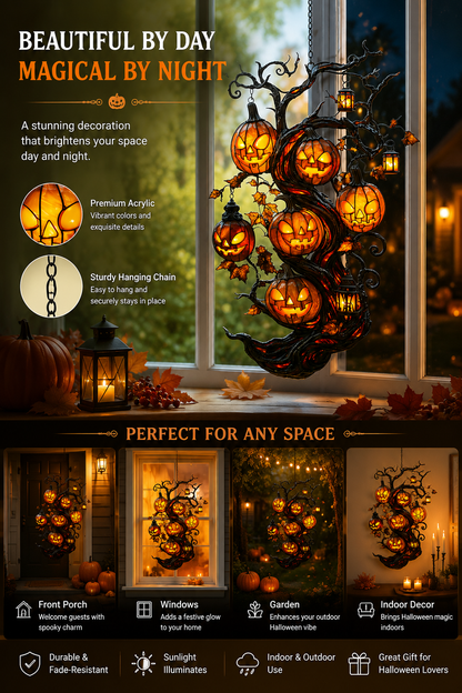 🎃 Turn Your Window Into a Halloween Glow Scene ✨ Pumpkin Tree Suncatcher – Faux Stained Glass Magical Fall Decor-ZZ