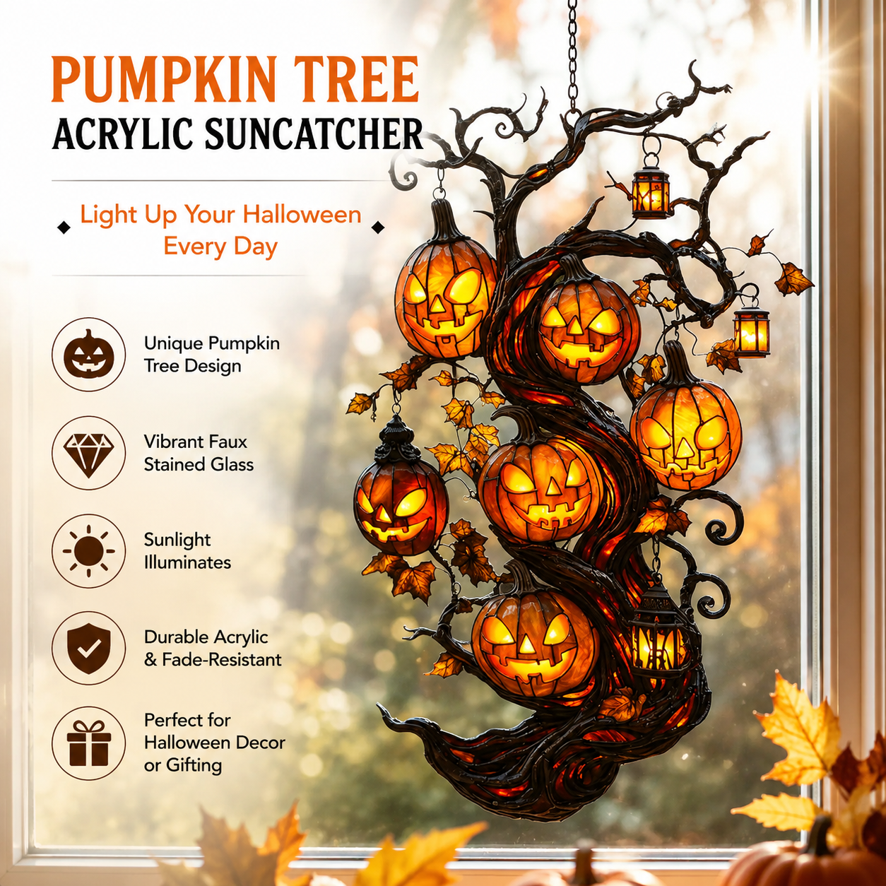 🎃 Turn Your Window Into a Halloween Glow Scene ✨ Pumpkin Tree Suncatcher – Faux Stained Glass Magical Fall Decor-ZZ