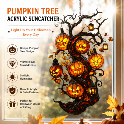🎃 Turn Your Window Into a Halloween Glow Scene ✨ Pumpkin Tree Suncatcher – Faux Stained Glass Magical Fall Decor-ZZ