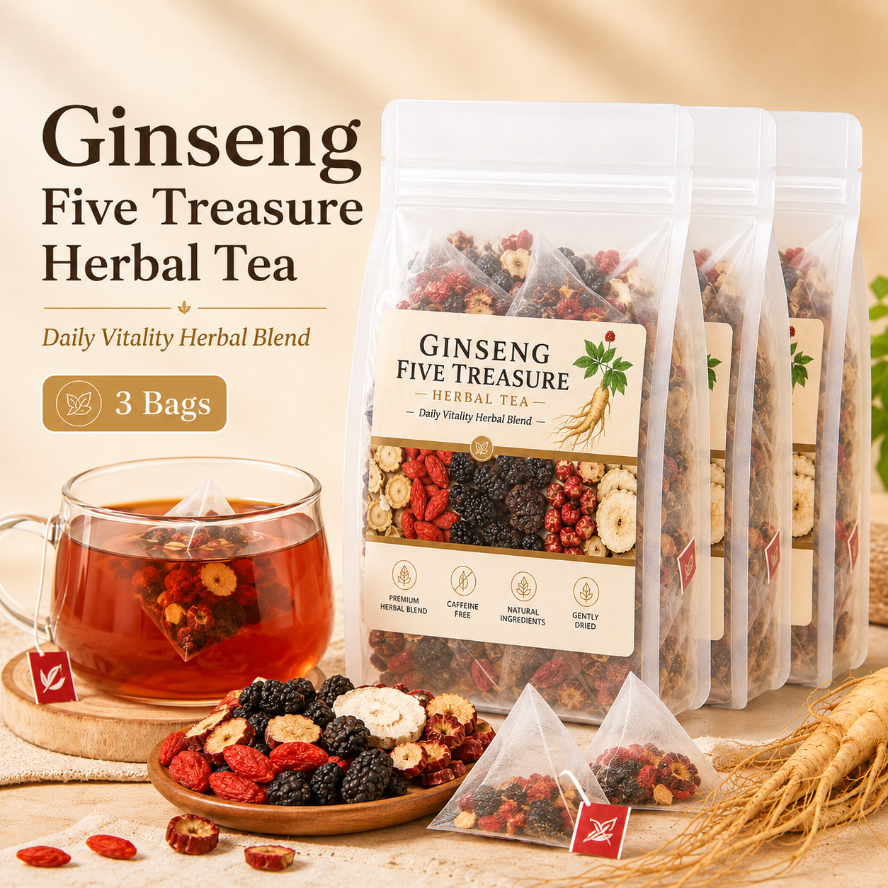 🌿✨ Premium Ginseng Five Treasure Herbal Tea 🍵💪 Restore Energy, Support Kidney Health & Enhance Stamina 🌟💚 🌸 Red Dates, Goji Berries & Mulberry Blend | 🍃 Men's Nourishing Formula | 💧 Daily Vitality Support 🏋️‍♂️🍵-ZYY