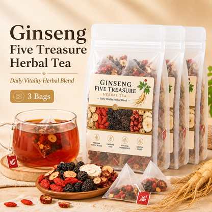 🌿✨ Premium Ginseng Five Treasure Herbal Tea 🍵💪 Restore Energy, Support Kidney Health & Enhance Stamina 🌟💚 🌸 Red Dates, Goji Berries & Mulberry Blend | 🍃 Men's Nourishing Formula | 💧 Daily Vitality Support 🏋️‍♂️🍵-ZYY