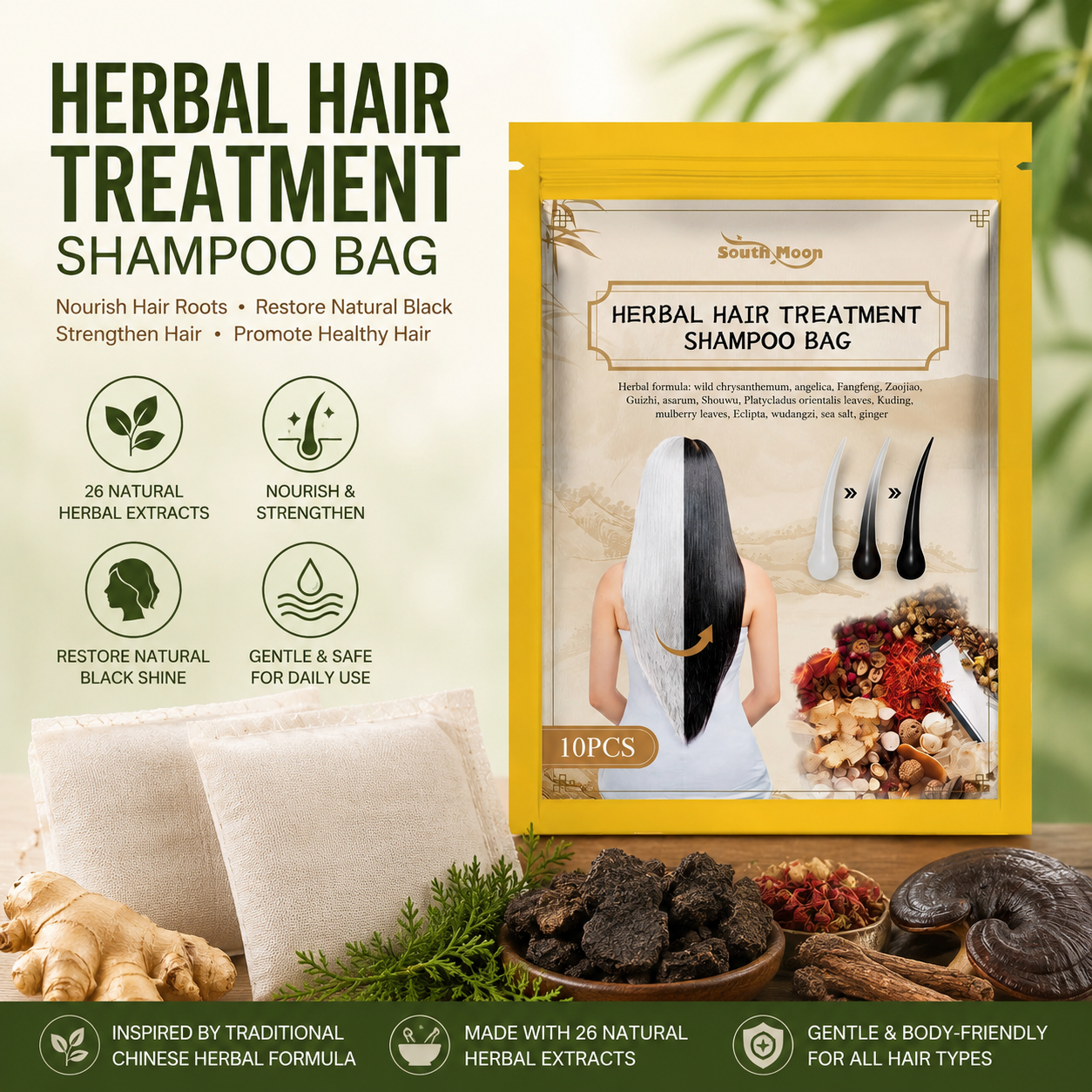 🖤 South Moon 100% Black Hair Look Shampoo Bag – 🌿 Herbal Hair Care Pack with Ginger, He Shou Wu & Black Reishi for Gray-Looking, Dry & Dull Hair-WZH