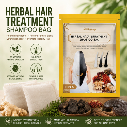 🖤 South Moon 100% Black Hair Look Shampoo Bag – 🌿 Herbal Hair Care Pack with Ginger, He Shou Wu & Black Reishi for Gray-Looking, Dry & Dull Hair-WZH