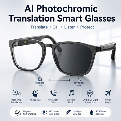 🕶️AI Photochromic Translation Smart Glasses ✦ Auto Color-Changing Lenses 🌞｜Real-Time Multilingual Translation 🌐｜Seamless Cross-Border Chat ✈️｜Built-in AI Assistant 🤖｜Hands-Free Calls 📞｜Wireless Music Playback 🎵-ZYY