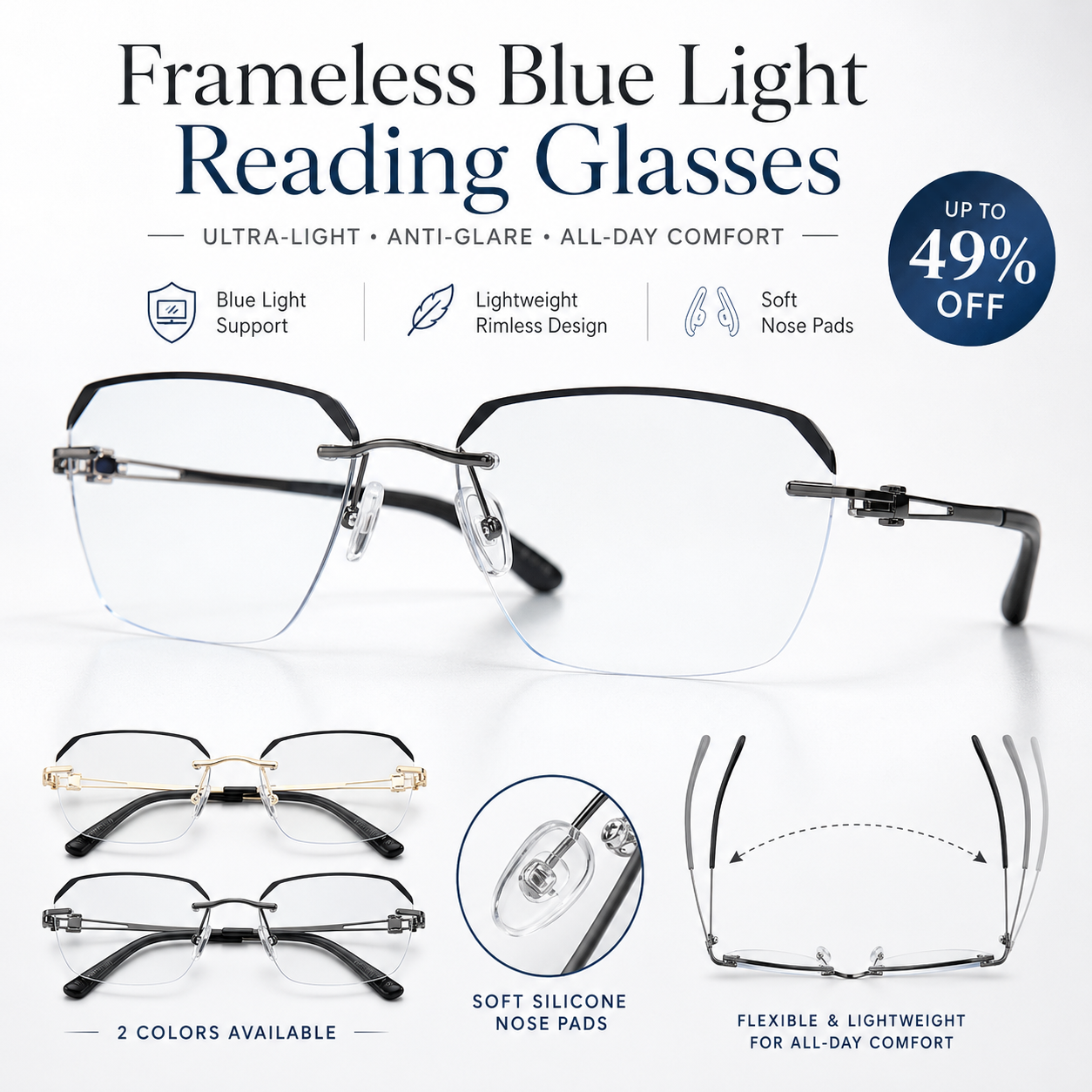 ✨Frameless Blue Light Blocking Reading Glasses 👓 | Lightweight Rimless Anti-Glare Eyewear for Men & Women 💼 Anti Eye Strain for Work & Gaming-ZYY