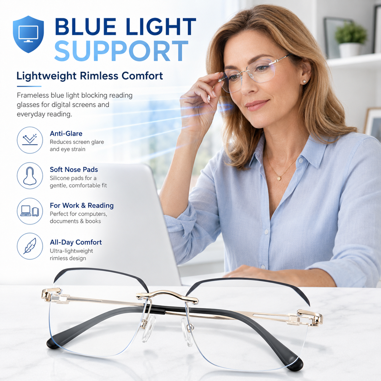 ✨Frameless Blue Light Blocking Reading Glasses 👓 | Lightweight Rimless Anti-Glare Eyewear for Men & Women 💼 Anti Eye Strain for Work & Gaming-ZYY
