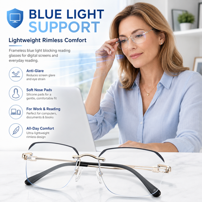 ✨Frameless Blue Light Blocking Reading Glasses 👓 | Lightweight Rimless Anti-Glare Eyewear for Men & Women 💼 Anti Eye Strain for Work & Gaming-ZYY